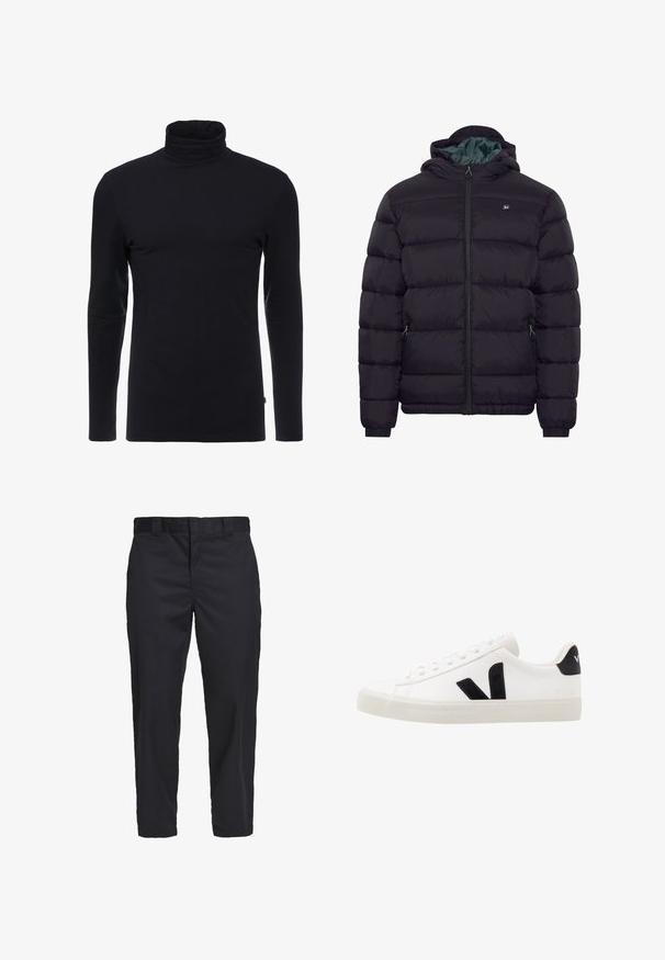 Chaqueta acolchada negra con capucha, cremallera frontal, dos bolsillos laterales con cremallera y un pequeño logo en el pecho, mostrada sobre un fondo blanco liso.; Camisa de cuello alto negra de manga larga, hecha de una tela suave y elástica. Presenta un diseño ajustado y una textura lisa. Sin patrones ni acentos visibles.; Chinos negros hechos de una tela de algodón ligera, con un corte de pierna recta, bolsillos laterales y un cierre de botón en la cintura.; Zapatilla de cuero blanca con acentos de ante negro; presenta una suela de goma, puntera redonda y un diseño clásico de cordones. Logo lateral en negro.