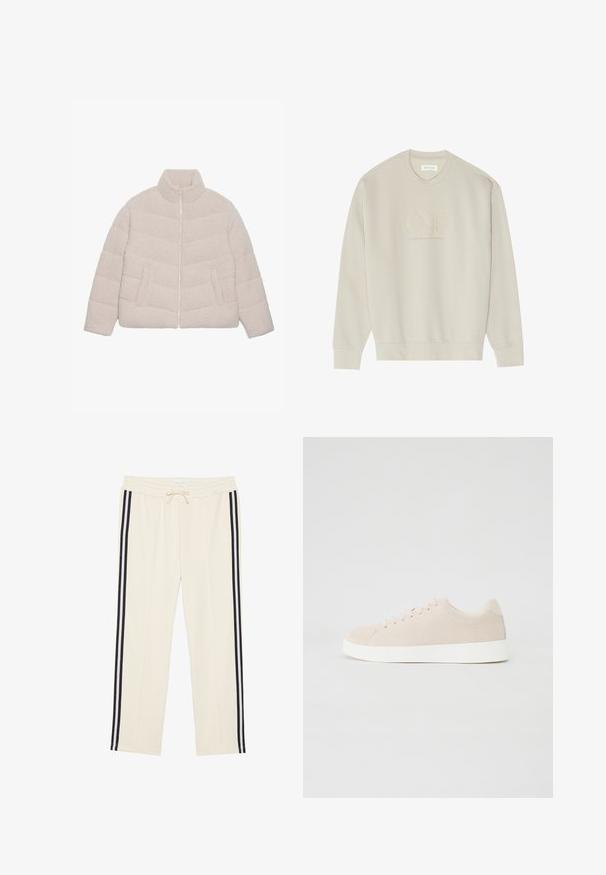 Light beige, quilted sherpa fleece jacket with stand-up collar, front zipper, and two side pockets.; Beige sweatshirt with crew neck, long sleeves, and ribbed cuffs. Features embroidered "ONE" and "PREMIUM QUALITY GOODS" in matching thread.; Cream jogger pants with elastic waistband and adjustable drawstring. Features two black side stripes running down each leg. Soft fabric texture.; Beige suede sneakers with white rubber soles, rounded toe, and six eyelets for laces. Smooth texture with minimalistic design.