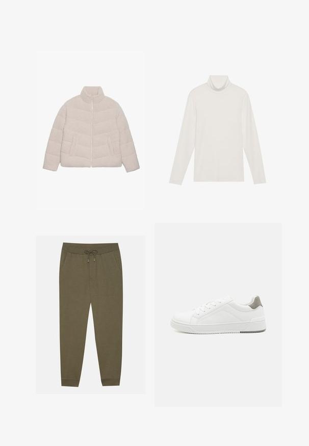 Veste en sherpa polaire matelassée beige clair, avec col montant, fermeture éclair à l'avant et deux poches latérales.; Haut à col roulé à manches longues en blanc. Tissu doux et extensible avec une silhouette ajustée. Présente un col haut et un minimum de couture.; Pantalons de jogging vert olive avec une taille élastique, cordon de serrage, poches latérales et jambes fuselées. Fabriqués en tissu doux au toucher lisse.; Basket blanche en cuir lisse, à bout arrondi, design minimaliste, accent de talon gris et semelle en caoutchouc texturé.