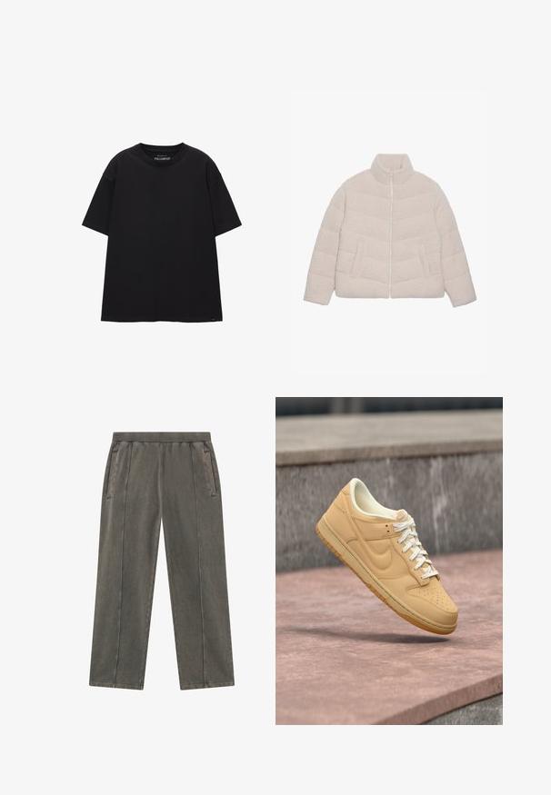 Lichtbeige, doorgestikte sherpa fleece jas met opstaande kraag, rits aan de voorkant en twee zijzakken.; Zwart ontspannen T-shirt van katoen. Heeft een ronde hals, korte mouwen en een eenvoudig ontwerp zonder patronen of accenten.; Grijze, wijde broek met een soepele, gestructureerde stof. Heeft een rekbare tailleband en zijzakken, met strakke lijnen en minimale details.; Beige Nike lage sneaker met witte veters en een gumzool die zweeft boven een stenen oppervlak en een betonnen achtergrond.