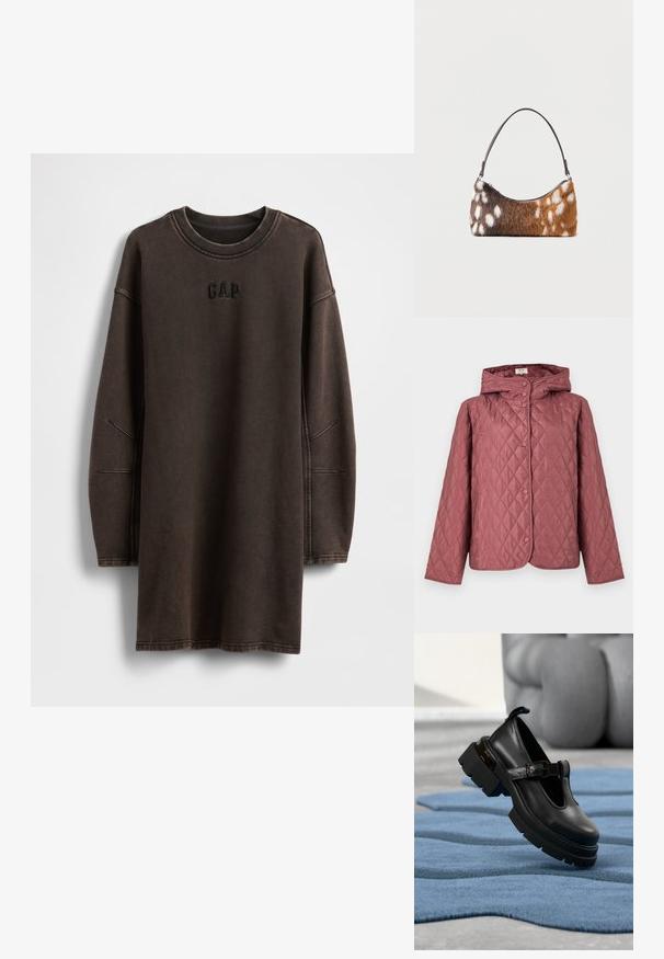 Gewatteerd jack in stoffig roze, met kap, drukknopen en zijzakken. Soepele textuur met een diamantpatroon over het hele oppervlak.; Bruine oversized sweatshirtjurk gemaakt van zacht materiaal, met een ronde halslijn en een geborduurd "GAP"-logo op de borst.; Zwarte leren Mary Jane-schoen met een dikke zool en gespsluiting, zwevend weergegeven boven een blauwe gestructureerde kleed op een grijze vloer.; Schoudertas met bruin-witte gevlekte nepbont en een dunne zwarte riem, weergegeven op een witte achtergrond.