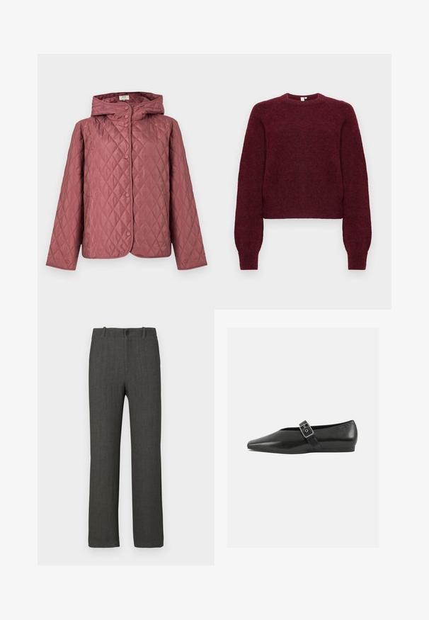 Veste matelassée couleur rose poussiéreux, dotée d'une capuche, de boutons-pression et de poches latérales. Texture lisse avec un motif en losanges sur toute la surface.; Pull en mélange de laine bourgogne, à col rond, avec des manches longues et des poignets et ourlet côtelés.; Pantalon gris à texture lisse, coupe droite, avec un motif à carreaux discret. Il présente une fermeture à bouton et des passants pour ceinture.; Chaussure plate en cuir noir avec un orteil pointu, présentant une sangle à boucle métallique sur le cou-de-pied et une semelle basse et flexible.