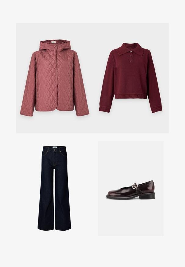 Chaqueta acolchada en rosa empolvado, con capucha, botones a presión y bolsillos laterales. Textura suave con patrón de diamantes en toda la prenda.; Suéter burdeos con cuello camisa, tapeta de tres botones y ribetes en el bajo y los puños. Textura suave con un ajuste relajado.; Vaqueros de mezclilla azul oscuro con pernera ancha, cierre delantero con botón y cremallera, trabillas para cinturón y bolsillos delanteros, mostrados sobre un fondo blanco.; Zapato único Mary Jane brillante de color burdeos oscuro con correa ancha y hebilla plateada, tacón bloque bajo y punta redondeada sobre fondo blanco.