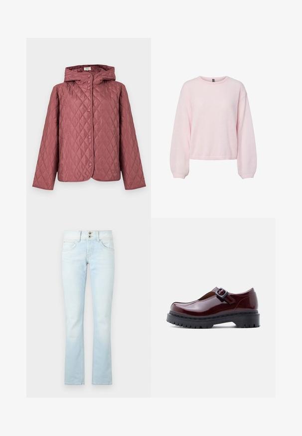 Gewatteerd jack in stoffig roze, met kap, drukknopen en zijzakken. Soepele textuur met een diamantpatroon over het hele oppervlak.; Lichtroze gebreide trui met lange ballonmouwen, geribbelde manchetten, ronde halslijn en licht cropped zoom.; Lichtblauwe flared jeans, gemaakt van denim, beschikken over een twee-knops sluiting, vijf zakken en subtiele vervaagde details door de stof heen.; Bordeauxrode lakleren schoen met een ronde neus, verstelbare gesp en een dikke zwarte plateauzool met een geribbelde textuur.