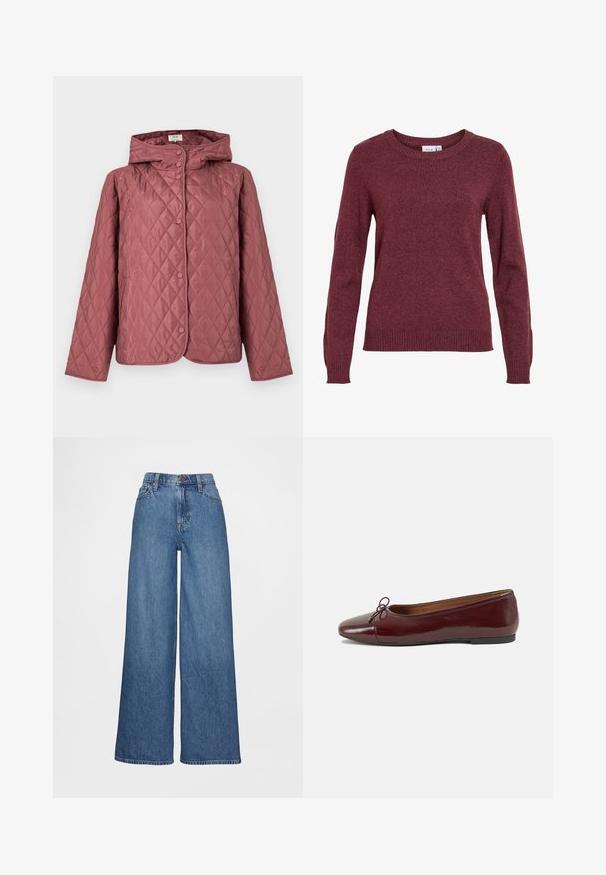 Vatteret jakke i støvet rosa, med hætte, trykknapper og sidelommer. Glat tekstur med diamantmønster over det hele.; Maroon langærmet striktrøje med rund halsudskæring og ribkant ved manchetter og bund, mærket Vila.; Vidbenede jeans i mediumblåt denim, med høj talje, bæltestropper og knaplukning. Glat tekstur med få syningsdetaljer.; Bordeaux patentlæder balletflad med rund tå, lille sløjfeaccent foran og en lav, sort gummisål. Glat tekstur.
