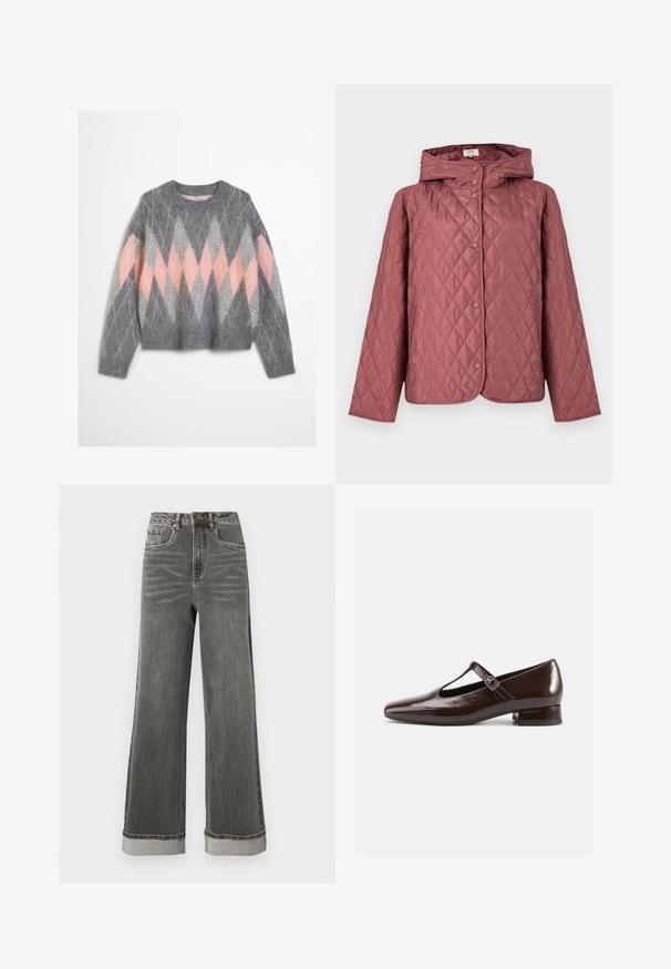 Veste matelassée couleur rose poussiéreux, dotée d'une capuche, de boutons-pression et de poches latérales. Texture lisse avec un motif en losanges sur toute la surface.; Pull en laine gris avec un motif en losanges rose et gris clair. Encolure arrondie et ourlet inférieur côtelé. Texture douce, manches longues.; Jean denim gris à jambes larges avec une taille haute, cinq poches et des ourlets retroussés. Le tissu présente une texture légèrement usée avec des coutures visibles.; Chaussures Mary Jane en cuir verni marron avec un bout arrondi, un design ajouré et une bride réglable. Talon bas bloc.
