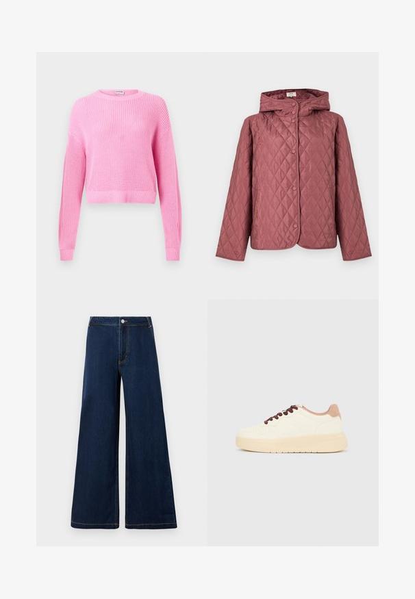 Veste matelassée couleur rose poussiéreux, dotée d'une capuche, de boutons-pression et de poches latérales. Texture lisse avec un motif en losanges sur toute la surface.; Pull court en tricot rose avec manches longues, texture côtelée et col rond. Le tissu présente un tissage fin et une finition douce.; Jeans en denim à jambe large de couleur bleu foncé avec des coutures dorées, dotés d'une fermeture à bouton et à fermeture éclair à l'avant, et d'un design classique à cinq poches.; Baskets basses beiges avec semelle épaisse, bout perforé, col de talon rose et lacets brun foncé sur un fond gris clair uni.