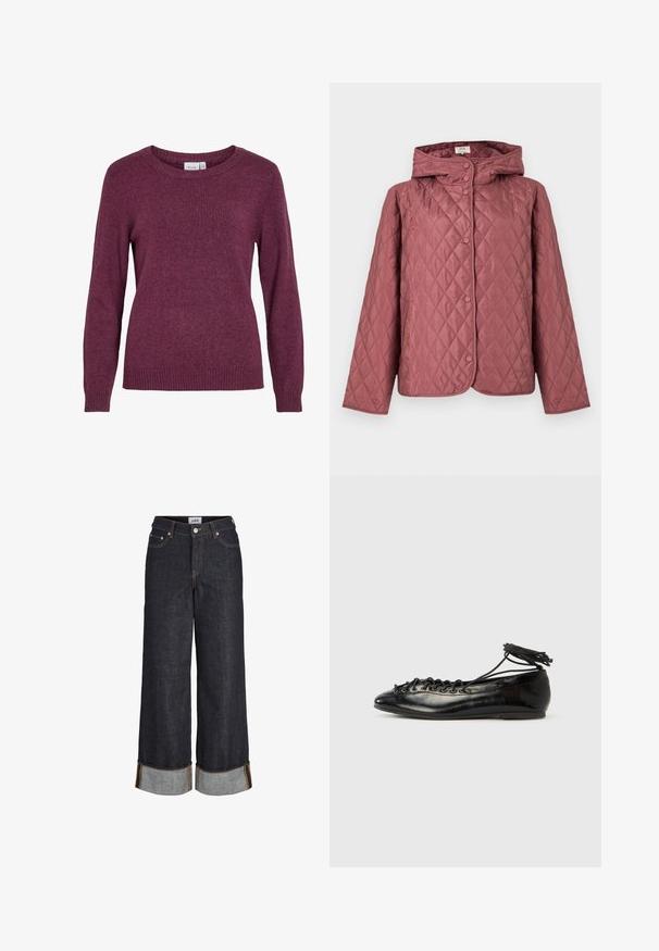 Steppjacke in staubigem Rosa mit Kapuze, Druckknöpfen und Seitentaschen. Glatte Textur mit durchgehendem Rautenmuster.; Burgunderfarbener Strickpullover mit rundem Ausschnitt, langen Ärmeln, gerippten Bündchen und Saum. Weicher Textur mit einem subtilen, leicht melierten Erscheinungsbild.; Dunkelblaue Jeans mit weitem Bein, aufgeschlagenen Säumen, fünf Taschen und kontrastierenden gelben Nähten.; Schwarze Ballerinas aus Lackleder mit runder Spitze, Schnürdesign und flacher Sohle. Glatte Textur mit minimaler Verzierung.