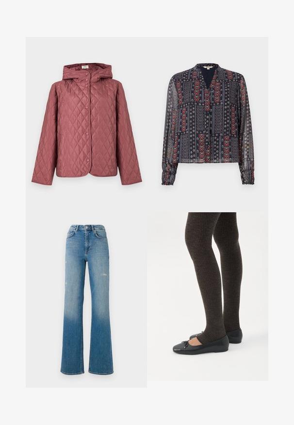 Gewatteerd jack in stoffig roze, met kap, drukknopen en zijzakken. Soepele textuur met een diamantpatroon over het hele oppervlak.; Doorzichtige marineblauwe blouse met lange mouwen, knoopsluiting aan de voorkant en een rood-wit-blauw bloemen- en bladerenpatroon.; Hoge taille blauwe denim jeans met lichte slijtage op de dijen, vijf zakken stijl, en een uitlopend pasvorm.; Benen met donkere geribbelde leggings gecombineerd met zwarte ballerina's met kleine strikdetails op een witte achtergrond.