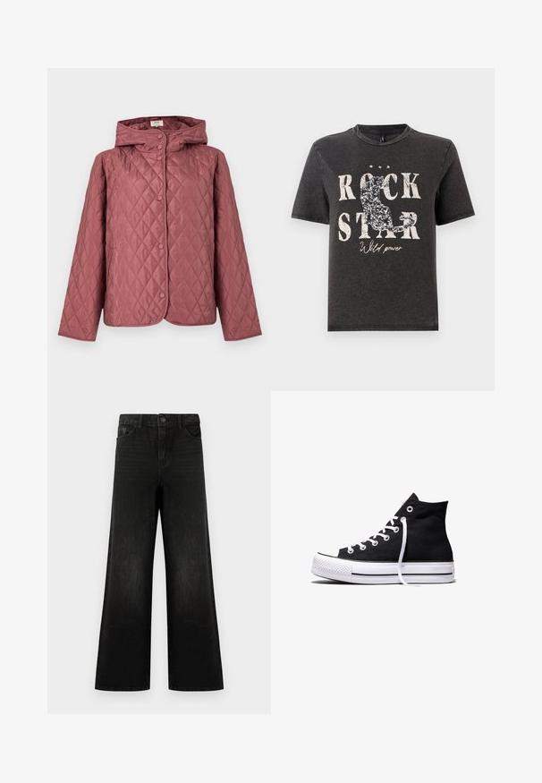 Steppjacke in staubigem Rosa mit Kapuze, Druckknöpfen und Seitentaschen. Glatte Textur mit durchgehendem Rautenmuster.; Schwarzes Baumwoll-T-Shirt mit auffälligem weißen Text "ROCK STAR" und glitzernder Katzensilhouette. Runder Halsausschnitt und kurze Ärmel.; Schwarze weit geschnittene Jeans aus Denim, mit einem vorderen Knopfverschluss, Gürtelschlaufen und vier Taschen, die eine glatte Textur und leichte Ausbleichungen aufweisen.; Schwarzer High-Top-Canvas-Sneaker mit weißer Gummisohle und weißen Schnürsenkeln, seitlich dargestellt vor weißem Hintergrund.