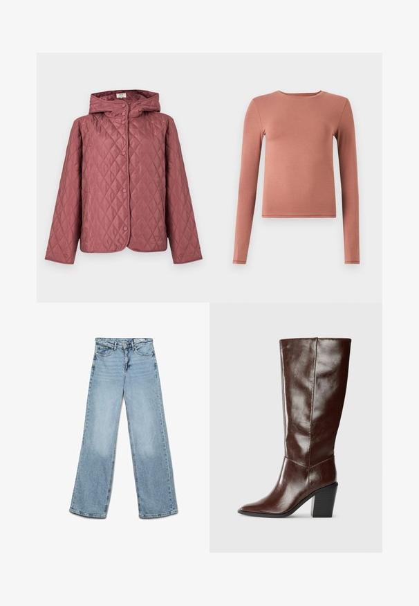 Chaqueta acolchada en rosa empolvado, con capucha, botones a presión y bolsillos laterales. Textura suave con patrón de diamantes en toda la prenda.; Camiseta de manga larga hecha de una suave tela elástica en color rosa empolvado. Presenta un escote redondeado y una silueta ajustada. Sin patrones ni acentos.; Vaqueros de tiro alto y pierna ancha en color azul claro, con cierre de botón y cremallera, bolsillos delanteros y traseros, y trabillas para cinturón.; Bota alta de cuero marrón oscuro con punta afilada y tacón bloque apilado, mostrada de lado sobre un fondo liso.