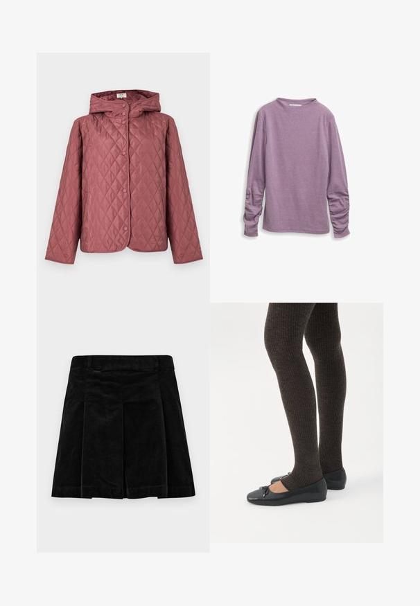 Vatteret jakke i støvet rosa, med hætte, trykknapper og sidelommer. Glat tekstur med diamantmønster over det hele.; Langærmet bluse i blødt, lilla stof. Har en høj halsudskæring og samlet detaljering ved håndleddene, glat tekstur og tætsiddende pasform.; Sort fløjlskørt med plisseret design, der har en lige snit, tekstureret overflade og en talje for en sikker pasform.; Ben iført mørke ribbede leggings kombineret med sorte balletsko med små sløjfedetaljer på hvid baggrund.