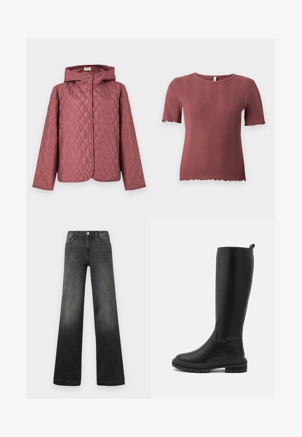 Veste matelassée couleur rose poussiéreux, dotée d'une capuche, de boutons-pression et de poches latérales. Texture lisse avec un motif en losanges sur toute la surface.; Haut à manches courtes en tricot côtelé couleur rose poussiéreux, à col rond et bordure subtile ondulée aux manches et à l'ourlet.; Jeans noirs à jambes larges en denim délavé, avec des poches avant, une fermeture à bouton et des détails de couture subtils le long des coutures.; Bottes noires en cuir montantes, à finition lisse, avec un bout arrondi, une semelle en caoutchouc basse et des détails de couture minimalistes.