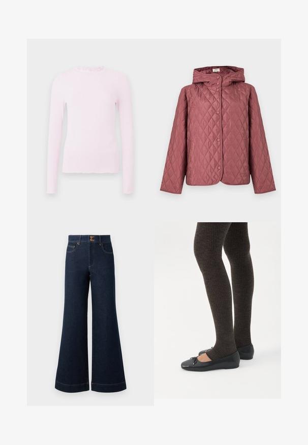 Vatteret jakke i støvet rosa, med hætte, trykknapper og sidelommer. Glat tekstur med diamantmønster over det hele.; Pink langærmet top i ribbet текстur, med en flæsekrave og et tætsiddende design med frynset kantdetalje.; Mørkeblå denim jeans med bred flare, høj talje, forlommer og kontrastfarvet guldtråd. Har dobbelt knaplukning.; Ben iført mørke ribbede leggings kombineret med sorte balletsko med små sløjfedetaljer på hvid baggrund.
