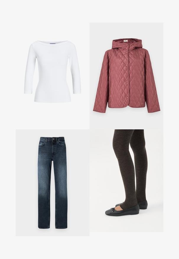Gewatteerd jack in stoffig roze, met kap, drukknopen en zijzakken. Soepele textuur met een diamantpatroon over het hele oppervlak.; Witte geribbelde longsleeve top met een bootnek. De stof is soepel, aansluitend en heeft een nette afwerking bij de mouwen en de zoom.; Donkerblauwe spijkerbroek met een rechte pasvorm, vijf zakken en een knoopsluiting aan de voorkant. Kenmerkt vervagingsdetails bij de zoom.; Benen met donkere geribbelde leggings gecombineerd met zwarte ballerina's met kleine strikdetails op een witte achtergrond.