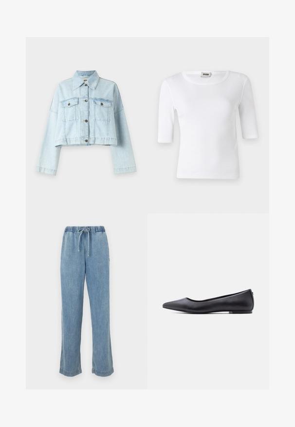 Hellblaues, tailliertes Denim-Jacket mit langen Ärmeln, zwei Brusttaschen und goldfarbenen Knöpfen. Hergestellt aus weichem, strukturiertem Baumwollstoff.; Weißes, geripptes T-Shirt mit rundem Ausschnitt und Ärmeln bis zum Ellbogen. Hergestellt aus einem weichen Material mit glatter Textur. Etikett am Ausschnitt sichtbar.; Helle blaue Jeans mit elastischem Bund, Kordelzug und aufgerollten Säumen. Gerades Bein mit lässiger Passform.; Schwarzer flacher Lederschuh mit spitzer Kappe und niedrigem Absatz, seitlich vor weißem Hintergrund gezeigt.