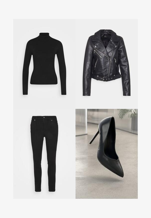 Schwarze Lederbikerjacke mit einem Reverskragen, asymmetrischen Frontreißverschlüssen und taillierter Taille. Besitzt silberne Beschläge und eine strukturierte Oberfläche.; Schwarzer Rollkragenpullover mit langen Ärmeln, gefertigt aus einem glatten Strickstoff. Hat ein tailliertes Design und einen gerippten Kragen.; Schwarze, enge Jeans aus Denim, mit einer taillierten Passform, Reißverschluss und zwei Fronttaschen mit silbernen Hardware-Akzenten.; Schwarzer Leder-Pump mit hochhackigem Absatz und spitz zulaufender Zehenpartie, elegantes Design ohne sichtbare Beschläge. Glatte Textur und minimalistischer Stil.