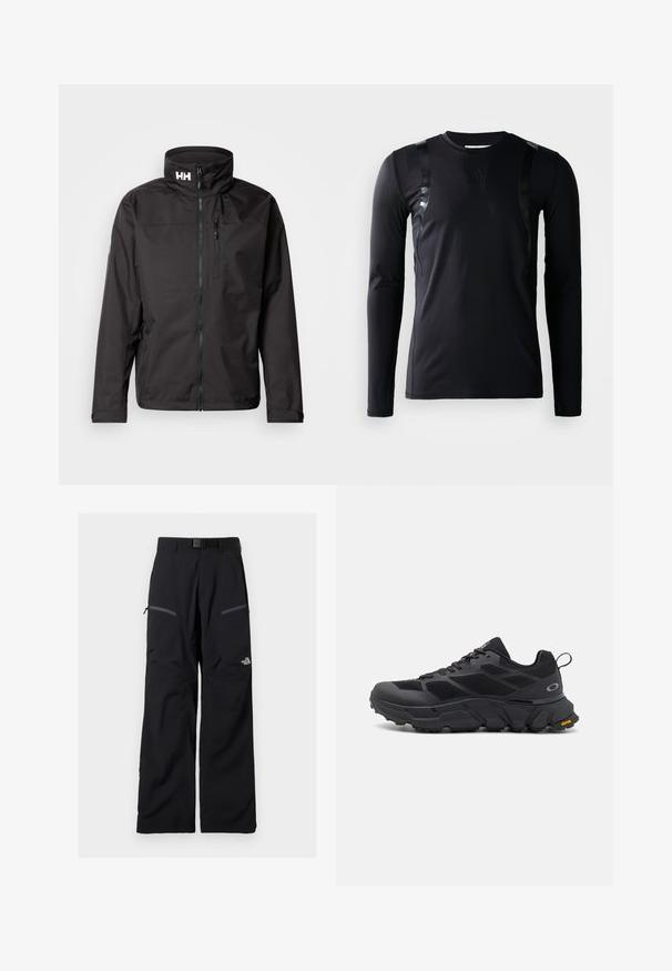 Zwarte waterdichte jas met een hoge kraag, ritssluiting aan de voorkant en met rits afsluitbare zakken. Voorzien van een logo op de kraag en glad, lichtgewicht materiaal.; Zwarte lange-mouwen sportshirt gemaakt van glad, rekbaar materiaal. Kenmerkt zich door glanzende zwarte accenten op de schouders en een Adidas-logo op de borst.; Zwarte outdoorbroek met verstelbare riem, twee met rits afsluitbare dijbeenzakken en het The North Face-logo op het rechterbeen.; Zwarte sportschoenen met een stevige zool, een bovenwerk van mesh en synthetisch materiaal, getextureerde accenten en Vibram-branding op de buitenzool.