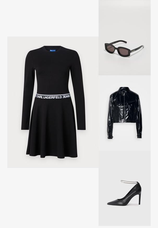 Μαύρο cropped σακάκι από γυαλιστερή πατενταρισμένη δερμάτινη ύλη. Διαθέτει φερμουάρ, μυτερό γιακά, δύο μπροστινές τσέπες και κουμπιά.; Μαύρο φόρεμα με μακριά μανίκια φτιαγμένο από ελαστικό ύφασμα, με εφαρμοστό μπούστο, φαρδύ φουστάνι και λευκή ελαστική ζώνη με λογότυπο.; Μαύρο δερμάτινο ψηλοτάκουνο παπούτσι με μυτερή μύτη, που διαθέτει λεπτό αλυσίδα αστραγάλου σε ασημί χρώμα και κομψή, λεία υφή.; Μαύρα ορθογώνια γυαλιά ηλίου με σκούρα φακούς. Πάχια σκελετοί με γυαλιστερή φινέτσα. "GUCCI" χαραγμένο σε χρυσό στη λαβή.