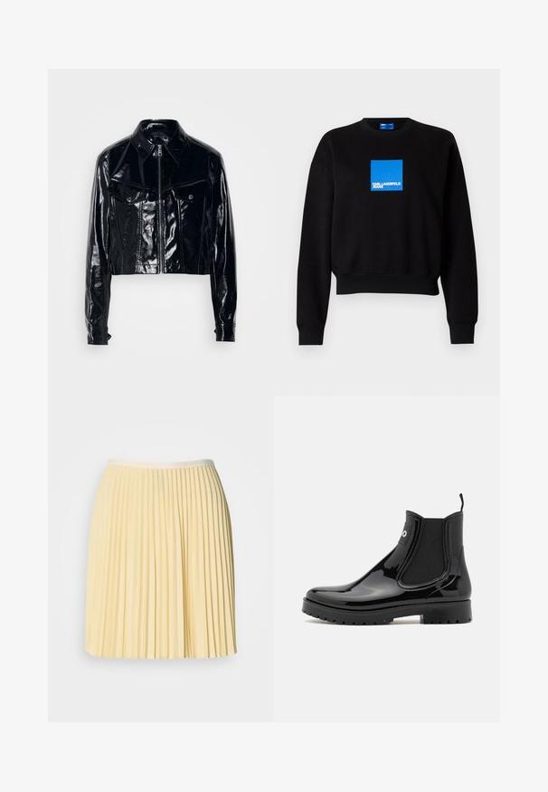 Sort cropped jakke lavet af skinnende patentlæder. Har en lynlås lukning, spidse kraver, to forlommer og knapdetaljer.; Sort sweatshirt med en cropped design, der har et blåt kvadratisk logo, som inkluderer "KARL LAGERFELD JEANS." Fremstillet af blød bomuldsblanding.; Lys gul, plisseret nederdel med en talje der har Lacoste-logoet. Fremstillet af letvægtsmateriale, har den et flydende design og en glat tekstur.; HUGO TABITA - Gummistøvler - black
