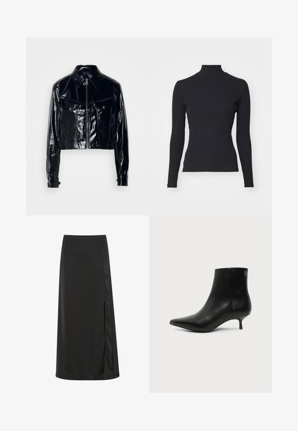 Chaqueta corta negra hecha de cuero sintético brillante. Cuenta con un cierre de cremallera, cuello puntiagudo, dos bolsillos frontales y detalles de botones.; Top negro de cuello alto con costillas y mangas largas. Fabricado con una tela elástica con forma ajustada y cuello alto. Diseño simple sin adornos.; Falda midi negra hecha de una tela suave, con una abertura lateral y una silueta recta con un brillo sutil. Dobladillo a medida.; Botín de piel negra con puntera puntiaguda y tacón bajo estilo kitten sobre fondo claro, mostrando vista lateral exterior.