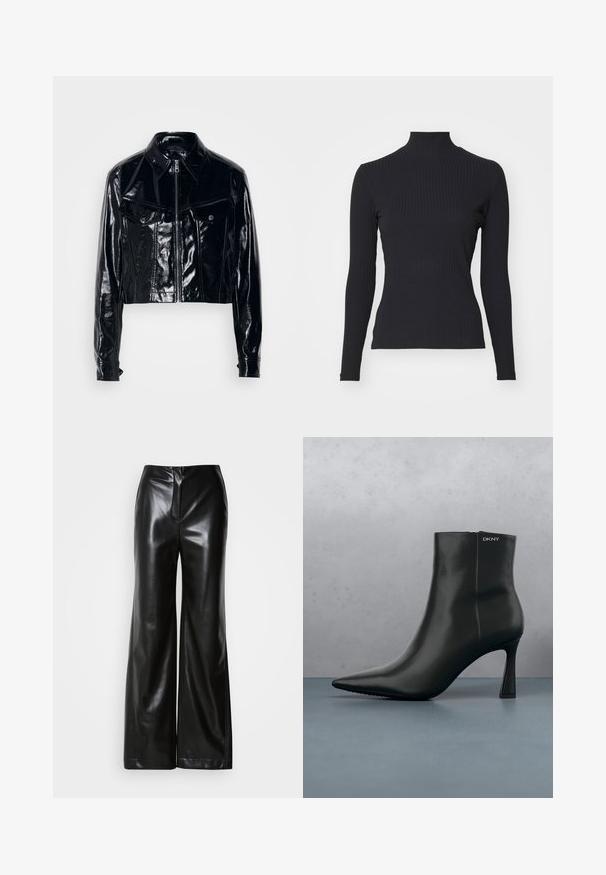 Schwarze, kurz geschnittene Jacke aus glänzendem Lackleder. Verfügt über einen Reißverschluss, einen spitzen Kragen, zwei frontale Taschen und Knopfdetails.; Schwarzes, geripptes Rollkragenoberteil mit langen Ärmeln. Aus dehnbarem Stoff mit figurbetonter Passform und hohem Kragen. Einfaches Design ohne Verzierungen.; Schwarze Lederweite-Hosen mit glatter Textur, hohem Bund und verdecktem Reißverschluss an der Vorderseite. Maßgeschneiderte Passform mit sauberem Finish.; Schwarze Leder-Stiefelette mit spitzem Zehenbereich und einem geometrischen Absatz. Verfügt über dezente Branding-Elemente und eine glatte Textur. Der Hintergrund zeigt strukturierte Fliesen.