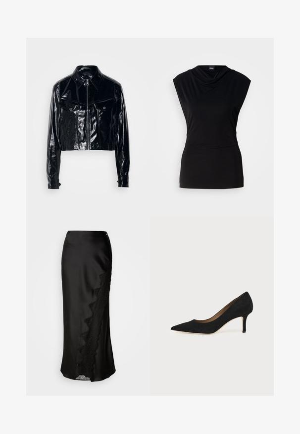 Chaqueta corta negra hecha de cuero sintético brillante. Cuenta con un cierre de cremallera, cuello puntiagudo, dos bolsillos frontales y detalles de botones.; Top negro sin mangas hecho de una tela suave, con escote drapeado y cintura ajustada, de textura lisa y sin herrajes visibles.; Falda de satén negro con un acabado texturizado, dobladillo de encaje en un lado y una silueta recta. Incluye una abertura lateral discreta y cierre.; Salón de ante negro con punta puntiaguda, tacón de aguja delgado de altura media y diseño de corte bajo sobre un fondo liso.