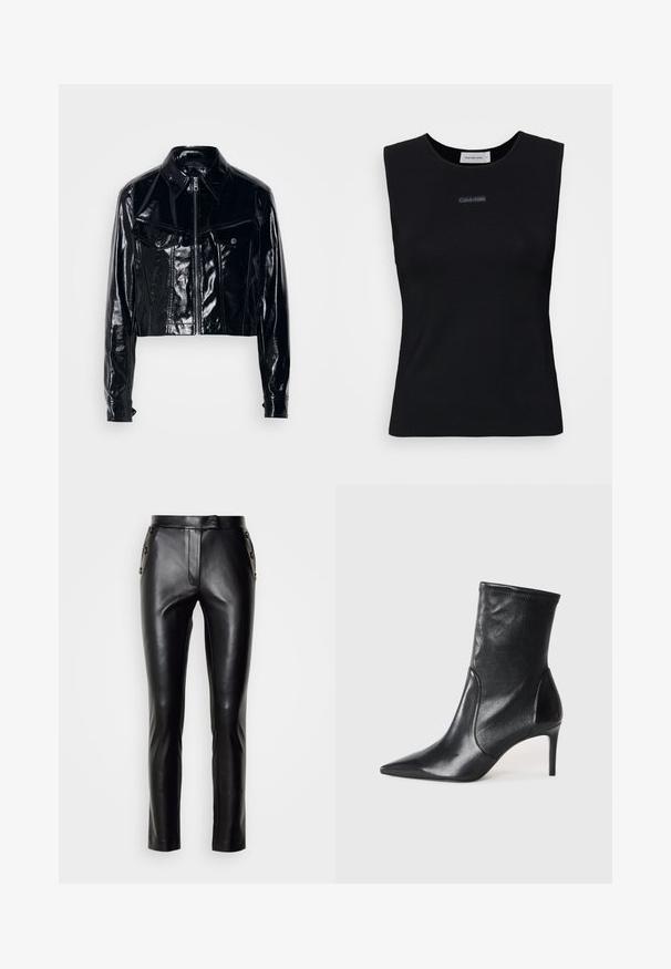 Schwarze, kurz geschnittene Jacke aus glänzendem Lackleder. Verfügt über einen Reißverschluss, einen spitzen Kragen, zwei frontale Taschen und Knopfdetails.; Schwarzes ärmelloses Top aus glattem Stoff. Merkmale einen runden Ausschnitt und ein kleines Calvin Klein Logo in der Mitte. Einfaches und figurnahes Design.; Schwarze Lederhosen im Slim-Fit-Stil mit einem Reißverschluss vorne, Knopfverschluss und Knopfdetails an den Seiten. Glatte Textur.; Schwarze Stiefeletten aus glattem Leder, mit einer spitzen Zehe, schmalem Schaft und schlanker, hoher Ferse. Minimalistisches Design ohne sichtbare Beschläge.