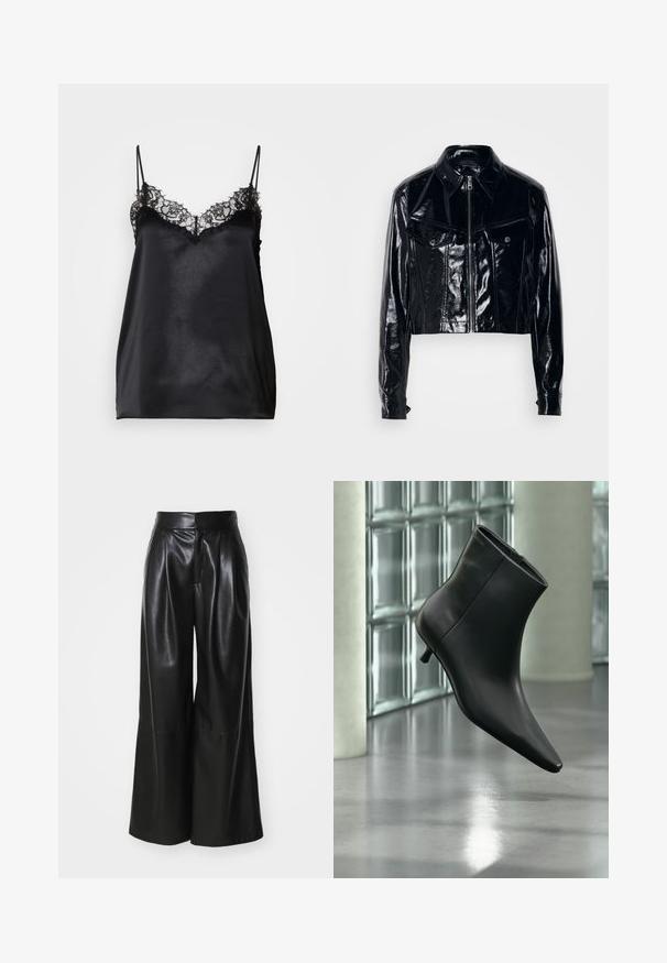 Sort cropped jakke lavet af skinnende patentlæder. Har en lynlås lukning, spidse kraver, to forlommer og knapdetaljer.; Sort satin cami top med justerbare tynde stropper, der har en blonderkant langs udskæringen og en glat, skinnende overflade.; Sorte faux læder brede bukser med høj talje, plisseret foran og glat tekstur. Har et rent, minimalistisk design.; Sort læderankelstøvle med spids tå og lav kitten-hæ, vist vinklet mod en poleret gulv- og glasblokvæg.