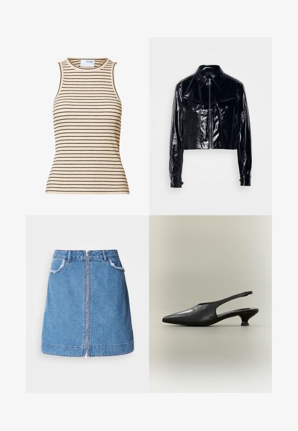 Sort cropped jakke lavet af skinnende patentlæder. Har en lynlås lukning, spidse kraver, to forlommer og knapdetaljer.; Beige ærmeløs ribstrikket top med smalle sorte vandrette striber og rund halsudskæring.; Lyseblå denim nederdel med en frontlynlås, flosset kant på lommerne og lige snit design. Kantlinjen er let buet.; Sort læder slingback-sko med spids tå og lav kittenhæl på neutral baggrund.