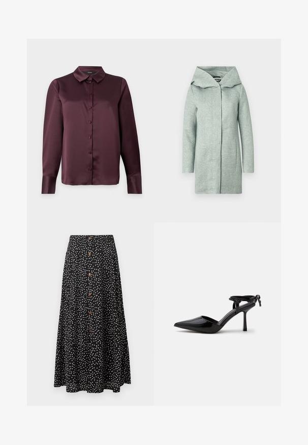 Mintgroene jas met een gestructureerde stof, lange mouwen, een oversized capuchon en een voorvaksluiting. Heeft een rechte snit en zijzakken.; Bordeaux satijnen blouse met knopen, voorzien van een klassieke kraag, lange mouwen en een zachte textuur. Heeft een voorpand met bijpassende knopen.; Zwarte midi-rok met witte polka dots, knoopsluiting aan de voorkant en een vloeiende A-lijn silhouet.; Zwarte lakleren hoge hakken schoen met spits toelopende neus en enkelbandje achter gebonden in een knoop, afgebeeld op een effen witte achtergrond.