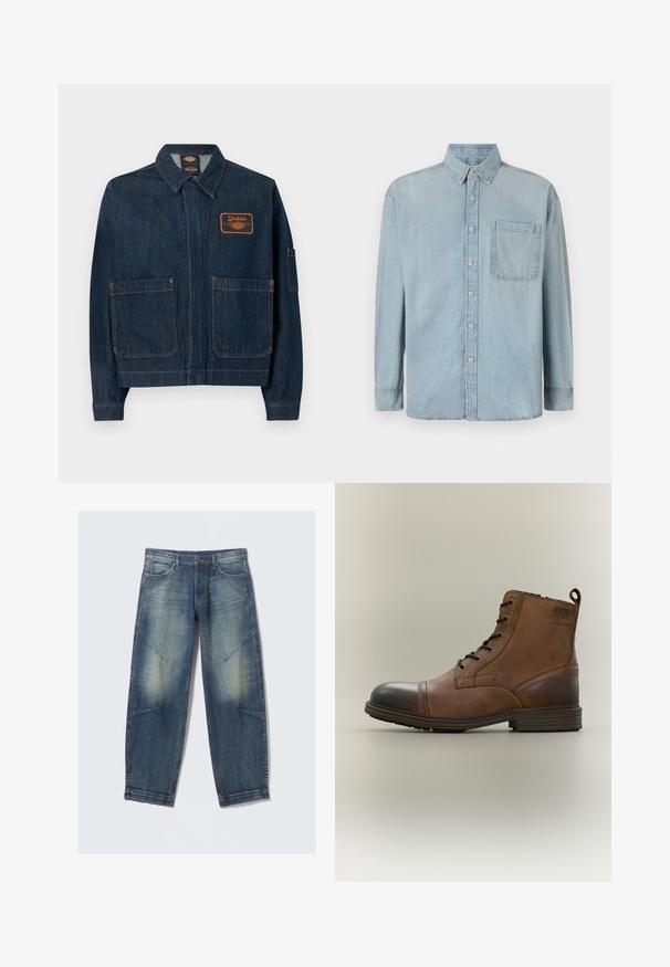 Mørkeblå denim arbejdjakke med to forlommer, en krave og et orange Dickies-mærke på venstre bryst.; Lyseblå denimskjorte med lange ærmer, knaplukning foran og en enkelt brystlomme. Har en klassisk krave og standard manchetter.; Lyseblå denimjeans med løs pasform, med falmede pletter, frontlommer og diagonale sømdetaljer. Design med lige ben.; Brun læderstøvle med snørebånd, sort tåhætte, rund sål og mærket detalje på siden mod ensfarvet baggrund.