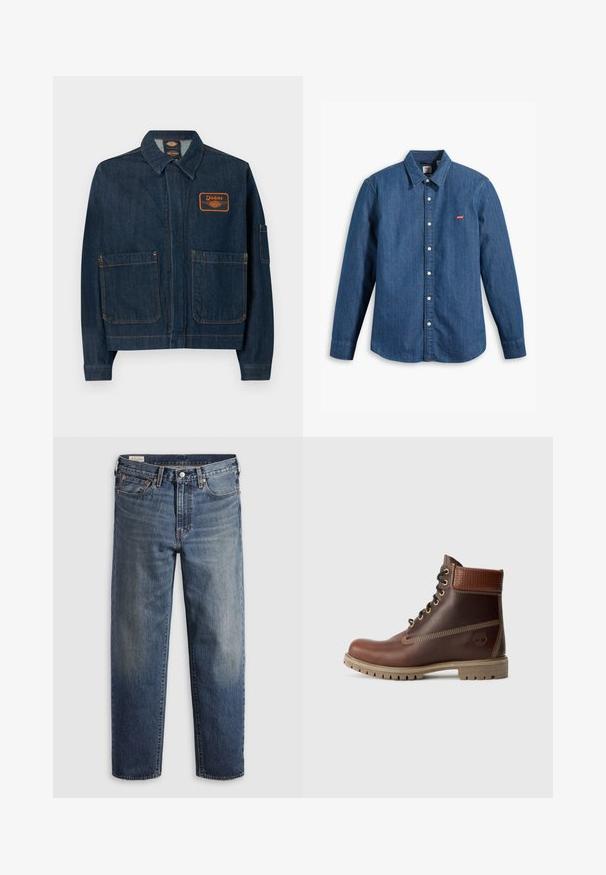 Dunkelblaue Denim-Arbeitsjacke mit zwei vorderen Taschen, einem Kragen und einem orangefarbenen Dickies-Patch auf der linken Brust.; Dunkelblaue Jeanshemd mit langen Ärmel, Kragen und Knopfverschluss. Mit einem kleinen roten Levi's-Logo auf der Brust. Glatte Textur.; Dunkelblaue Jeans aus Denim mit lockerem Sitz, geraden Beinen, Fünf-Taschen-Design und dezentem Used-Look an den Oberschenkeln. Silberner Knopf und Nieten.; Braune Leder-Schnürstiefelette mit gepolsterter Knöchelpartie, kontrastierenden Nähten und robustem Sohlendesign, von der Außenseite auf einem weißen Hintergrund gezeigt.