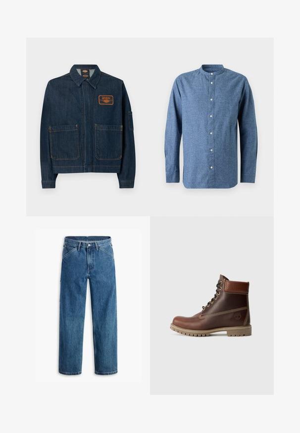 Mørkeblå denim arbejdjakke med to forlommer, en krave og et orange Dickies-mærke på venstre bryst.; Blå langærmet skjorte med knapper og stående krave samt hvide knapper, vist mod en lys baggrund.; Blå denim jeans med lige ben, forlommer, bæltestropper, metal knap og lynlås foran på hvid baggrund.; Brun læder snørebånd ankelstøvle med polstret krave, kontrastsyning og robust sål, vist fra ydersiden på en hvid baggrund.