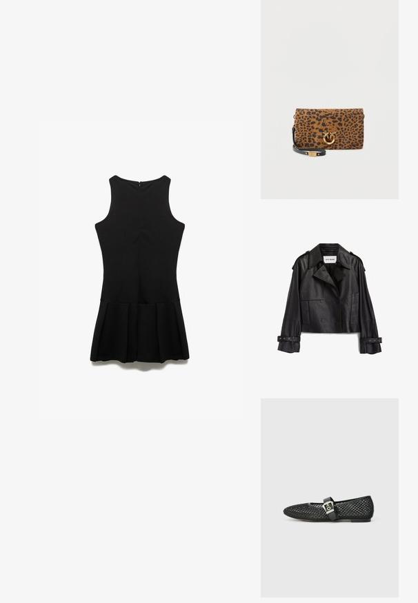 Veste courte en cuir noir avec un design à double boutonnage, grands revers, poches latérales et accents de ceinture sur les manches. Étiquette de la marque visible.; Robe noire sans manches avec un corsage ajusté et une jupe plissée évasée. Tissu lisse avec une fermeture éclair dans le dos. Design simple et épuré.; Ballerines à bout pointu en résille noire, dotées d'un talon plat et d'une bride à boucle autour de la cheville ; surface texturée avec un motif tissé.; Sac à main rectangulaire imprimé léopard avec fermoir circulaire doré orné de deux oiseaux et bandoulière noire avec boucle dorée.