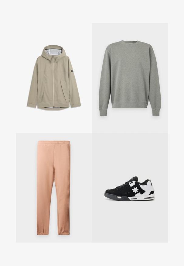 Beige hættejakke, vandtæt, med lynlås foran, skrå lommer, justerbare manchetter og mærkelabel på venstre ærme.; Ensfarvet grå crewneck-sweatshirt med lange ærmer og ribstrikkede ærme- og bundkanter, vist mod en hvid baggrund.; Lyserøde joggingbukser med elastisk talje, tilspidsede ben og teksturerede siderstriber. Fremstillet af blødt stof med opsamlede manchetter ved anklerne.; Sort og hvid sneakers lavet af ruskind og mesh. Har et fremtrædende stjernelogo og dristige detaljer på siden, samt en polstret sål.