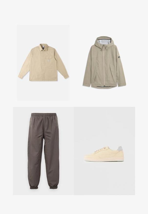 Veste imperméable à capuche beige avec fermeture éclair frontale, poches inclinées, poignets ajustables et étiquette de la marque sur la manche gauche.; Chemise beige à manches longues en tissu coton, avec un col classique, une patte de boutonnage sur le devant, une poche poitrine simple et un écusson de la marque sur la poche.; Pantalons gris foncé à taille élastique avec une coupe décontractée. Présentent des poignets froncés et une broderie subtile sur les côtés. Tissu léger.; Baskets basses beige à lacets, semelle rose clair et languette grise à l'arrière marquée "Filling Pieces", vues de profil sur fond uni.