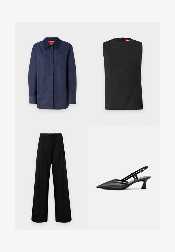 Veste à manches longues bleu marine avec un col pointu, une poche avant et une texture lisse. Présente une doublure intérieure contrastée en rouge et jaune.; Top noir sans manches avec un col haut, des pinces sur le devant et une fermeture éclair invisible au dos. Fabriqué en tissu lisse avec une coupe structurée.; Pantalons larges noirs en tissu lisse, dotés d'une taille haute et de détails plissés. Pas d'ornements ni de motifs visibles.; Chaussure slingback noire à bout pointu avec tige en mesh, fines brides, boucle dorée et petit talon incurvé sur fond blanc.