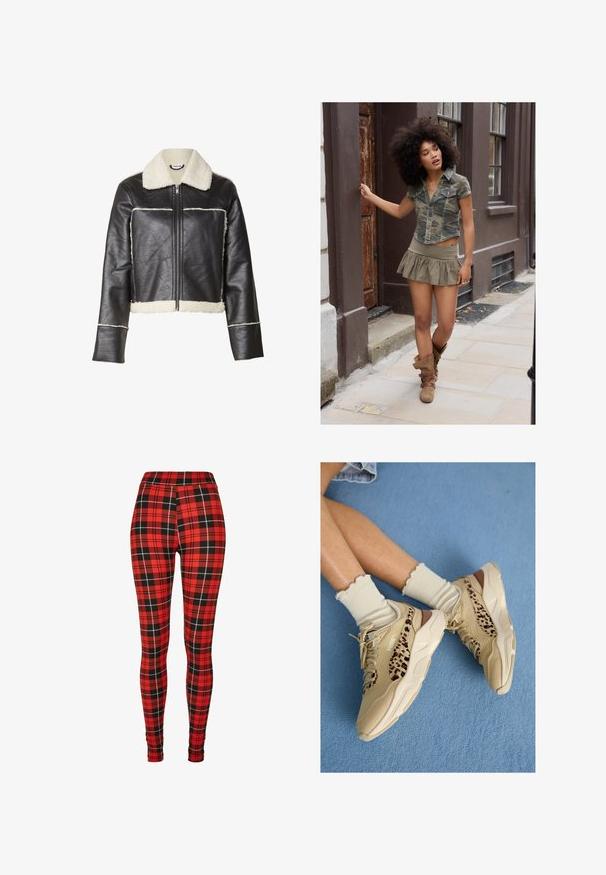 Chaqueta corta de cuero negro con cuello y ribetes de borrego blanco, con cremallera frontal y mangas largas con puños rectos.; Mujer con cabello rizado de pie en una acera, vistiendo una camisa de camuflaje, una falda caqui y botas marrones, sosteniendo un marco de puerta con una mano.; Leggings de cuadros rojos con un patrón a cuadros en blanco y negro. Fabricados con un material elástico y un diseño de cintura alta.; Piernas cruzadas con zapatillas Puma beige con rayas de estampado de leopardo y calcetines crema con volantes sobre una alfombra azul.