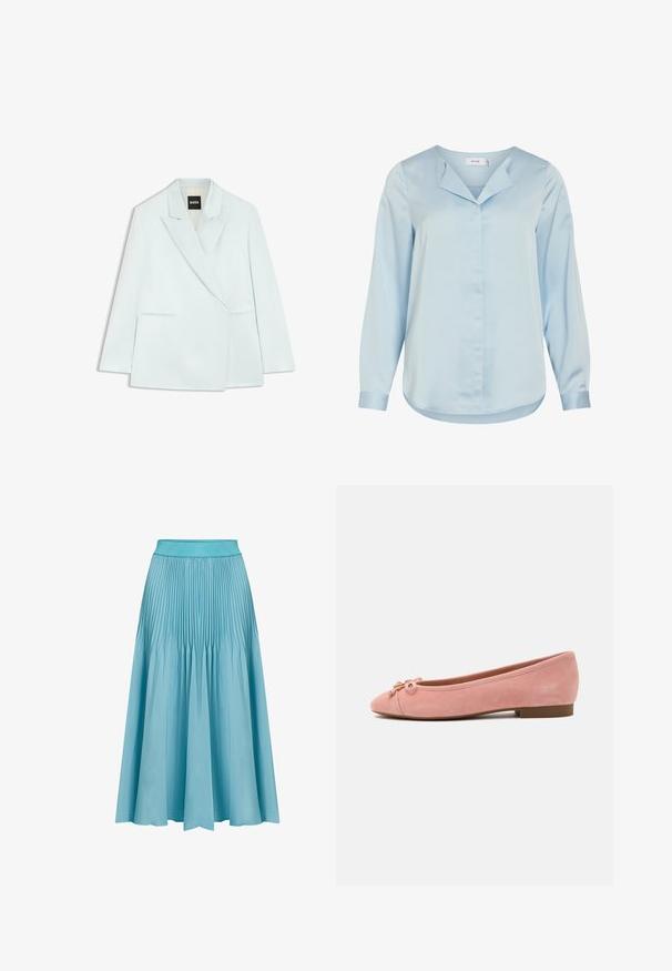 Hellblauer, maßgeschneiderter Blazer mit abgesteppten Revers, zwei Vorderentaschen und einem schwarzen BOSS-Label im Krageninneren.; Hellblaue Bluse mit langen Ärmeln, verdeckter Knopfleiste vorne, spitzem Kragen und abgerundetem Saum, aus glattem Stoff gefertigt.; Faltenrock in Hellblau. Verfügt über einen breiten Taillenbund, einen fließenden Schnitt und vertikale Falten, die Textur und Bewegung hinzufügen.; Weiche rosa Wildleder-Ballerinas mit kleiner Schleife und goldenem Akzent an der abgerundeten Spitze, niedrigem Absatz und glatter Sohle.