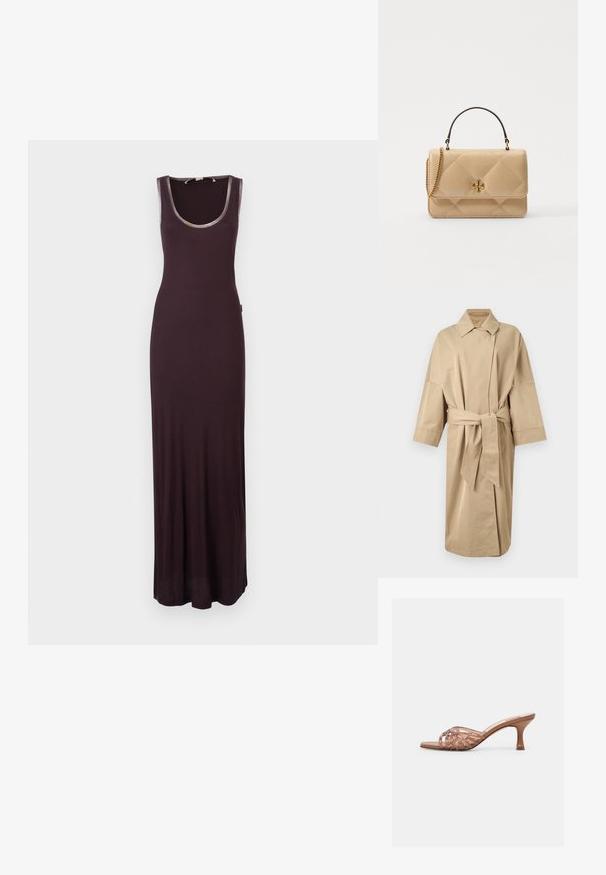 Beige trenchcoat tot op de knieën met brede mouwen, een kraag met inkepingen, een overslag aan de voorkant en een bijpassende stoffen ceintuur gestrikt in de taille.; Lang, mouwloos jaar in donkerpaars, met een ronde halslijn en een getailleerde pasvorm, gemaakt van een zachte, rekbare stof.; Bruine open teen muilsandaal met geweven bovenbanden en een halmhoge gebogen hak, op een effen witte achtergrond.; Beige leren handtas met quilted patroon, gouden hardware, kettinghengsel en bovenhandgreep. Voorzien van een voorflap en kenmerkend logo detail.