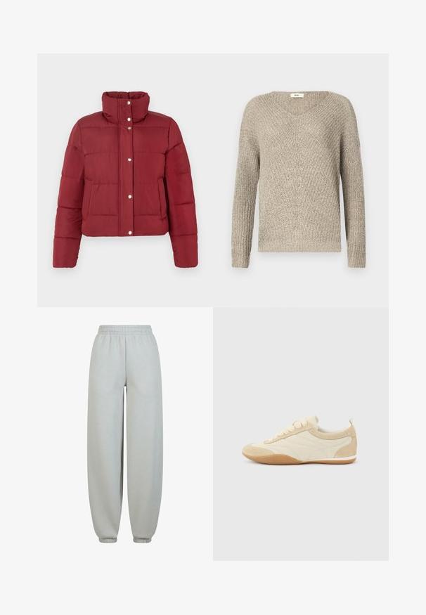 Veste rembourrée rouge avec un col montant, fermeture à boutons-pression à l'avant et motif matelassé horizontal. Présente des manches longues et deux poches avant.; Pull en tricot beige clair avec un col en V, des manches longues et un motif texturé avec des bords côtelés aux poignets et à l'ourlet.; Un pantalon de survêtement gris avec une ceinture élastique, des poignets fuselés et une texture lisse. Ils sont amples sans motifs ni ornements visibles.; Baskets décontractées beiges et écru à lacets, avec des accents en daim et une semelle en caoutchouc gomme, vues de côté extérieur sur un fond uni.