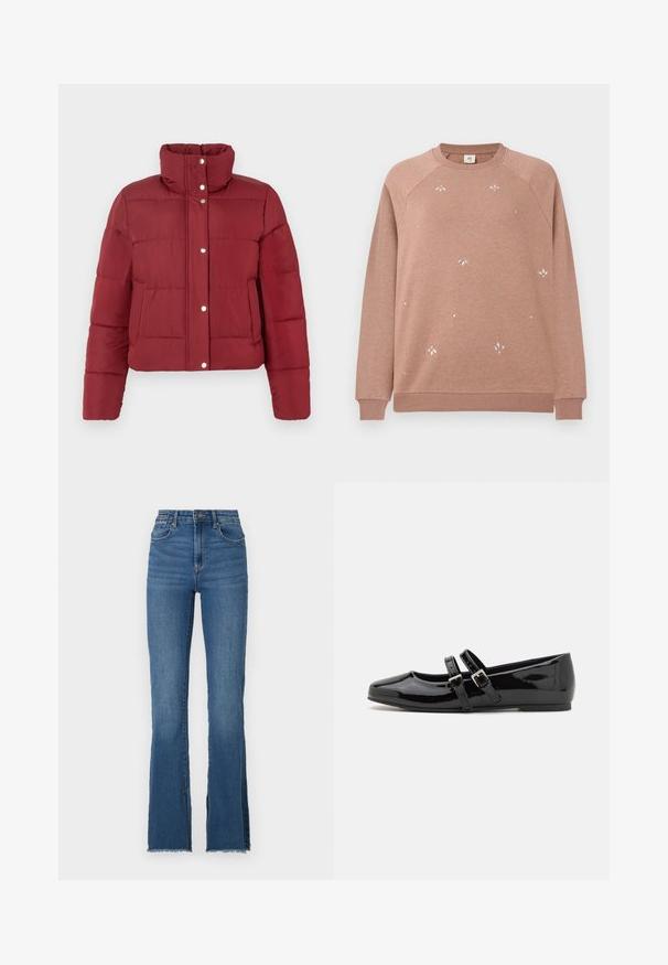 Rote Größe puffer Jacke mit einem hohen Kragen, Druckknopfverschluss und horizontal gestepptem Muster. Verfügt über lange Ärmel und zwei Vordertaschen.; Brauner Baumwollsweatshirt mit Raglanärmeln, verziert mit kleiner metallic Blumenstickerei und verstreuten Strasssteinen auf der Vorderseite.; Schwarzblaues Denim mit Schlag, hoher Bund, ausgefranster Saum und fünf Taschen. Glatte Textur mit subtiler Ausbleichung.; Schwarze Lacklederschuhe mit einer viereckigen Zehe, ausgestattet mit zwei verstellbaren Schnallenriemen über dem Mittelfuß und einer flachen, niederen Sohle.