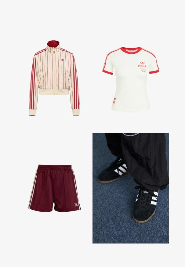 Roomkleurige jas met rits, rode verticale strepen, rood Adidas-logo op de borst en rode strepen langs de mouwen.; Wit T-shirt met korte mouwen, rode kraag, mouwzoom, strepen en Coca-Cola-logo op de borst en onderzijde.; Bordeauxkleurige sportshorts met een elastische tailleband, drie witte strepen aan elke kant en een klein wit Adidas-logo aan de onderkant links.; Zwarte suède sportschoenen met drie witte strepen en zwarte veters. Een gestructureerde zwarte broek is deels zichtbaar naast de schoenen.