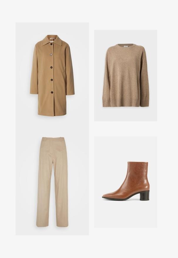 Manteau en laine couleur caramel avec une coupe droite, grand col et cinq boutons foncés. Comprend des poches latérales et une texture douce.; Pull en maille beige à manches longues avec poignets, bas et col rond côtelés, présenté à plat sur fond blanc.; Calvin Klein TAILORED STRAIGHT PANT - Pantalon classique - cinder; Bottine en cuir marron avec un bout pointu, une finition texturée et un talon bloc moyen. Design simple sans quincaillerie apparente ni motifs.