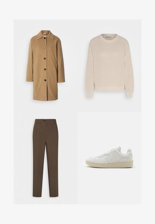 Manteau en laine couleur caramel avec une coupe droite, grand col et cinq boutons foncés. Comprend des poches latérales et une texture douce.; Anna Field by Zalando Pullover - grey; Pantalons marron à jambes droites avec passants de ceinture et fermeture à un bouton à l'avant, présentés sur fond blanc.; Baskets en cuir blanc avec une boîte à orteils perforée, semelle en caoutchouc beige contrastante et accents de logo sur le côté et le talon. Design minimaliste.