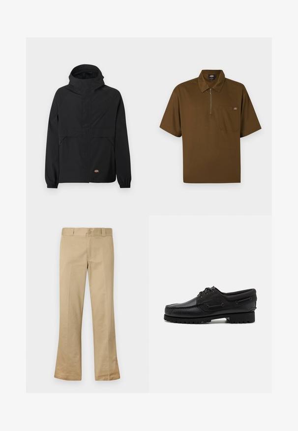 Schwarze Kapuzenjacke mit Frontreißverschluss, elastischen Bündchen, zwei seitlichen Reißverschlusstaschen und kleinem Markenlogo nahe dem Saum vor einfarbigem Hintergrund.; Braunes Poloshirt mit kurzen Ärmeln, vorderem Reißverschluss, Brusttasche mit Logopatch und klassischem Kragen.; Beige Schlaghose aus einem Baumwollmix, mit Knopfverschluss, Gürtelschlaufen und flacher Vorderseite mit glatter Textur.; Schwarzer Schuh mit einem Obermaterial aus Leder, textilen Akzenten, runden Schnürsenkeln und einer strukturierten Gummisohle. Verfügt über Mokassin-Nähte und eine Markeninschrift.