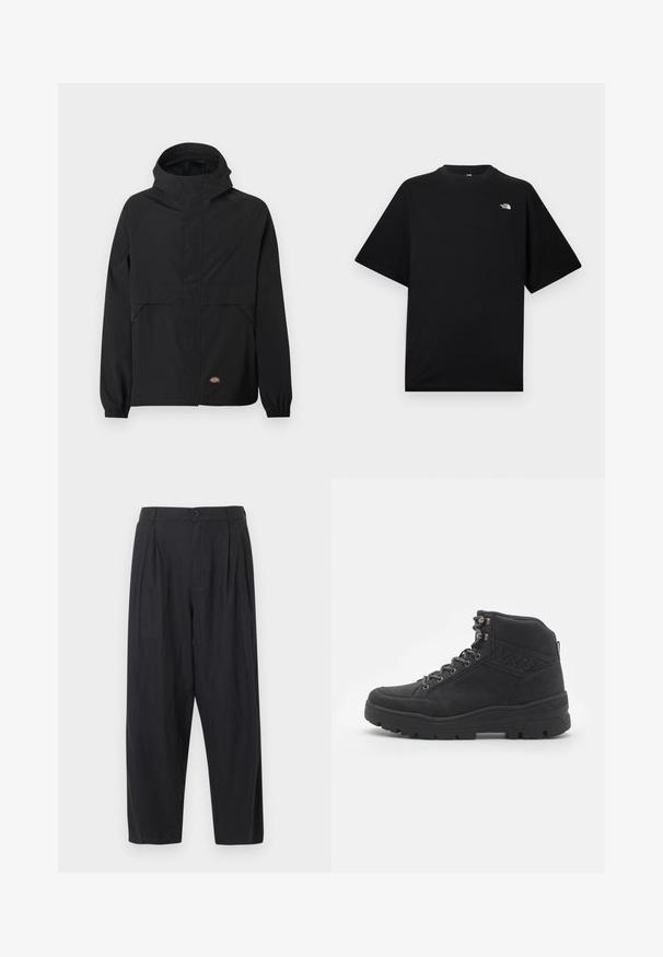 Schwarze Kapuzenjacke mit Frontreißverschluss, elastischen Bündchen, zwei seitlichen Reißverschlusstaschen und kleinem Markenlogo nahe dem Saum vor einfarbigem Hintergrund.; Schwarzes T-Shirt mit kurzen Ärmeln und Rundhalsausschnitt, mit kleinem weißen The North Face Logo auf der oberen linken Brust.; Schwarze, hoch taillierte, weit geschnittene Hosen mit Falten, Knopfverschluss und Gürtelschlaufen, vor einem schlichten, hellen Hintergrund präsentiert.; Schwarze Stiefeletten bis zur Mitte des Knöchels aus Wildleder. Mit metallischen Ösen, Schnürsenkeln und einer strukturierten Gummisohle mit verstärktem Absatz.