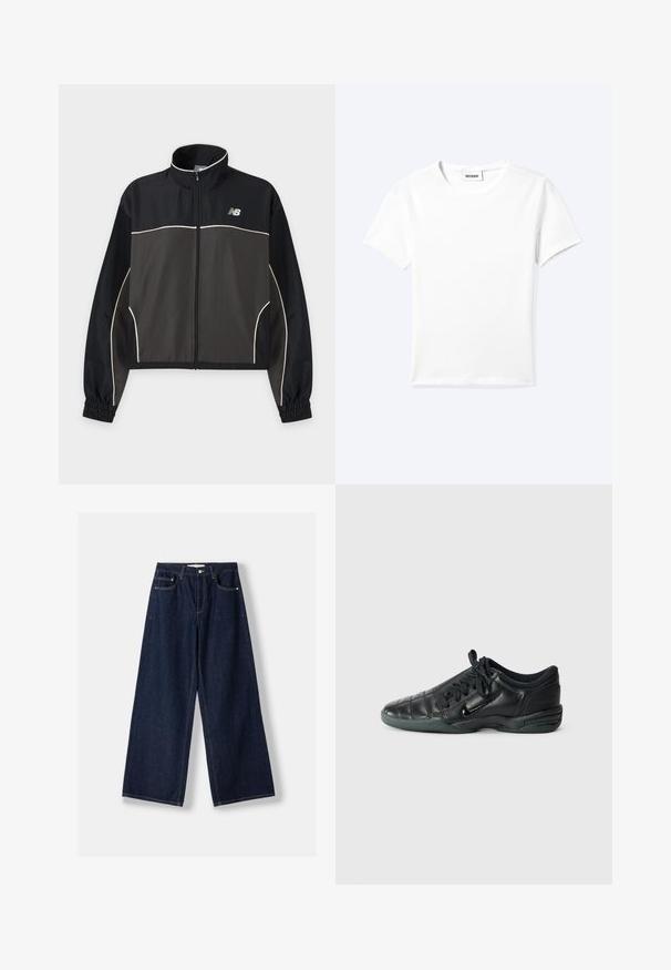Čierna a tmavosivá športová bunda na zips s bielymi lemami a elastickými manžetami, s malým logom New Balance na hrudi.; Jednofarebné biele tričko s krátkym rukávom a okrúhlym výstrihom, s malou štítkou "WEEKDAY" vo vnútri výstrihu, zobrazené na svetlom pozadí, položené na rovnej ploche.; Tmavomodré džínsové nohavice so širokými nohavicami, predným zapínaním na gombík a zips, prednými vreckami a pútkami na opasok, položené na bielom pozadí.; Čierne kožené atletické topánky s prešívaným dizajnom, okrúhlou špičkou, šnurovaním vpredu a gumovou podrážkou. Obsahujú diskrétne logo na boku.
