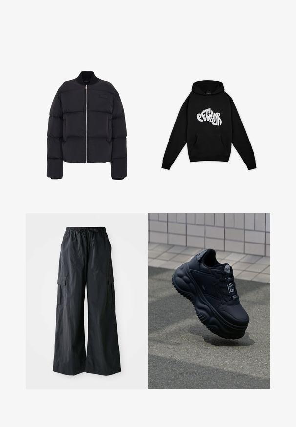 Doudoune noire au design court, épais motif matelassé, poignets côtelés et fermeture éclair à l'avant. Présente un patch de marque sur la poitrine.; Pegador PALUMA OVERSIZED HOODIE - Sweatshirt - black; Pantalons cargo noirs en tissu léger, avec une coupe large, une taille élastique et plusieurs poches latérales. Simples et fonctionnels.; Baskets noires épaisses avec une tige en cuir lisse, semelle surélevée avec des motifs en vagues, et lacets pour un ajustement sécurisé. Marque sur la languette.